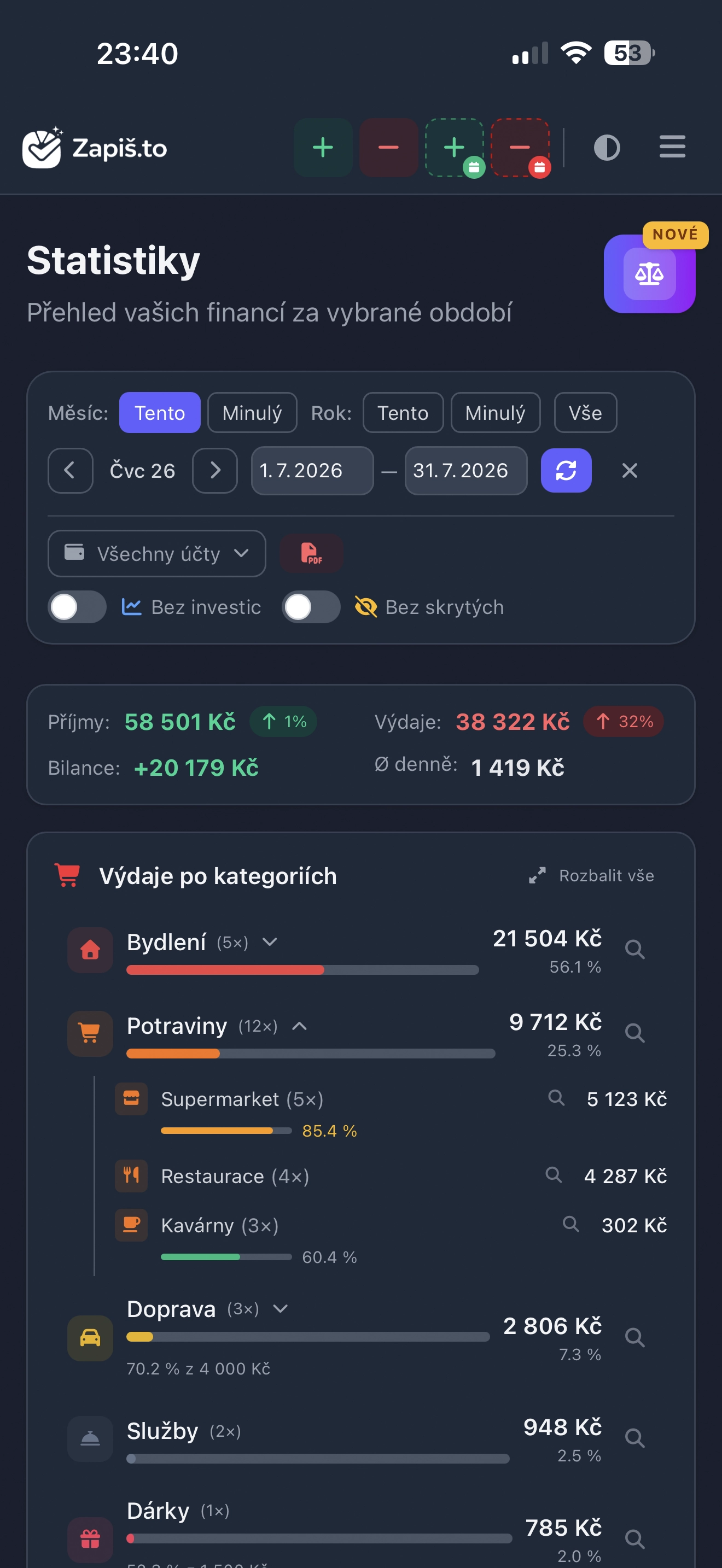 Náhled aplikace Zapiš.to — tmavý režim